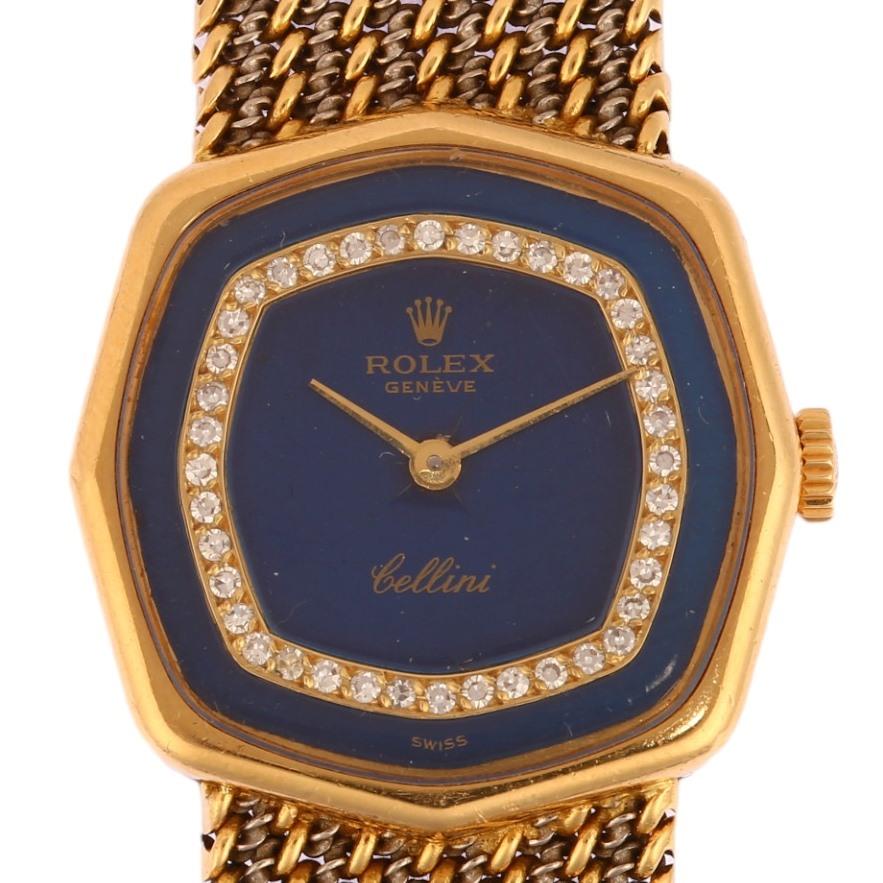 ROLEX - a lady's 18ct gold diamond Cellini mechanical bracelet watch, ref. 4985, circa 1981, blue