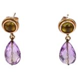 A pair of amethyst and lemon quartz drop earrings, unmarked gold settings with briolette
