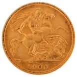 An Edward VII 1905 gold half sovereign coin, 3.9g High points quite worn, no damage