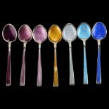 N M THUNE - a set of 7 Norwegian sterling silver and harlequin enamel coffee spoons, with floral