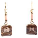 A pair of 9ct gold smoky quartz drop earrings, set with square step-cut quartz and shepherd hook