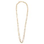 A long cultured pearl spacer chain necklace, gold flat curb links with 6.4mm pearls, necklace length