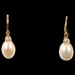 A pair of 18ct gold whole pearl and diamond drop earrings, with shepherd hook fittings, earring