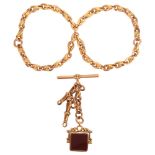 An early 20th century 9ct rose gold rope link Albert chain, with 9ct T-bar, 2 x 9ct dog clips, and