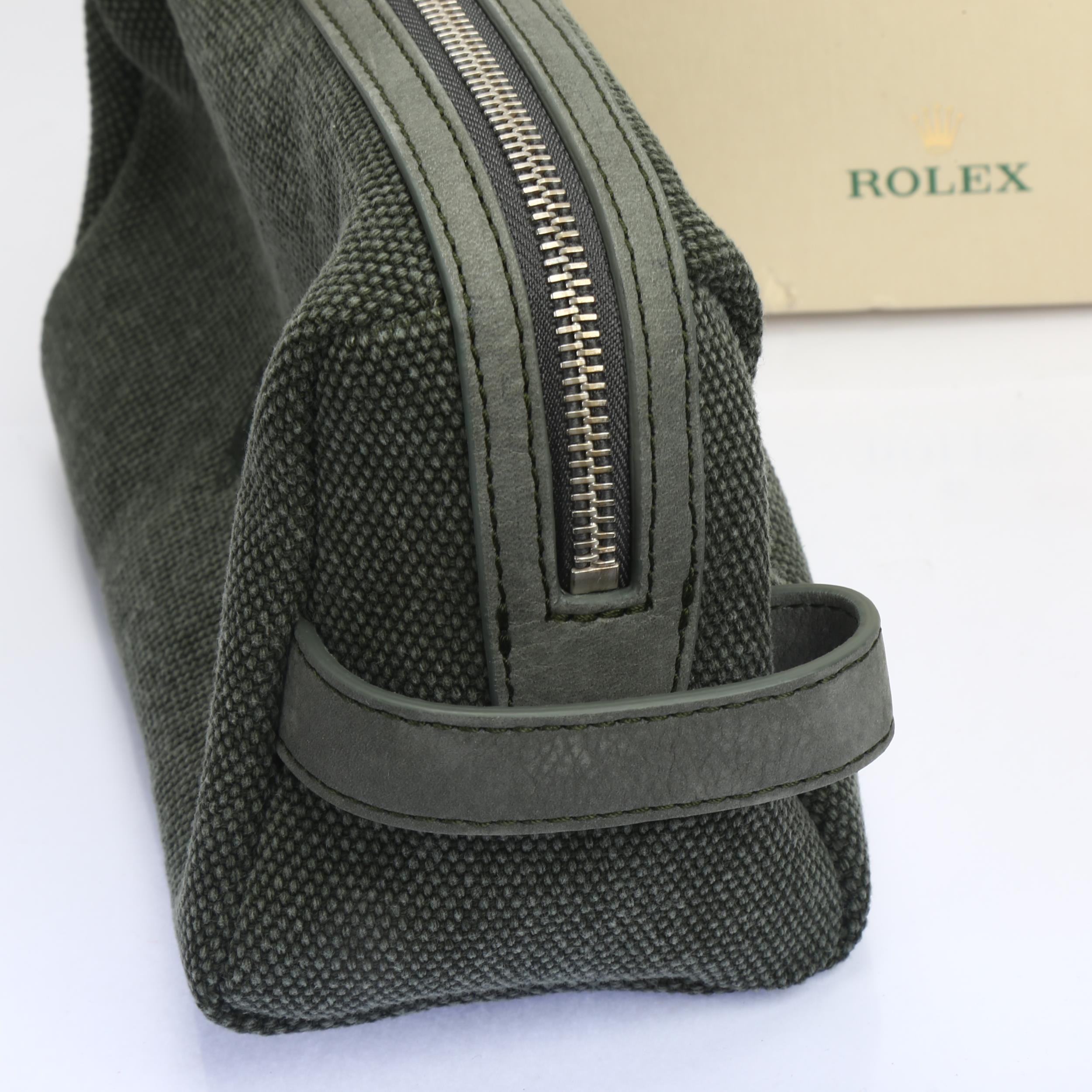 ROLEX - a green leather and woven cotton toiletry/washbag, width 24cm, boxed No damage - Bild 3 aus 5