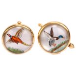 A pair of Victorian 14ct gold Essex crystal 'Hunting' cufflinks, reverse hand-painted panels on