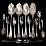 Various silver flatware, including pair of George III serving spoons, George III berry spoon, etc,