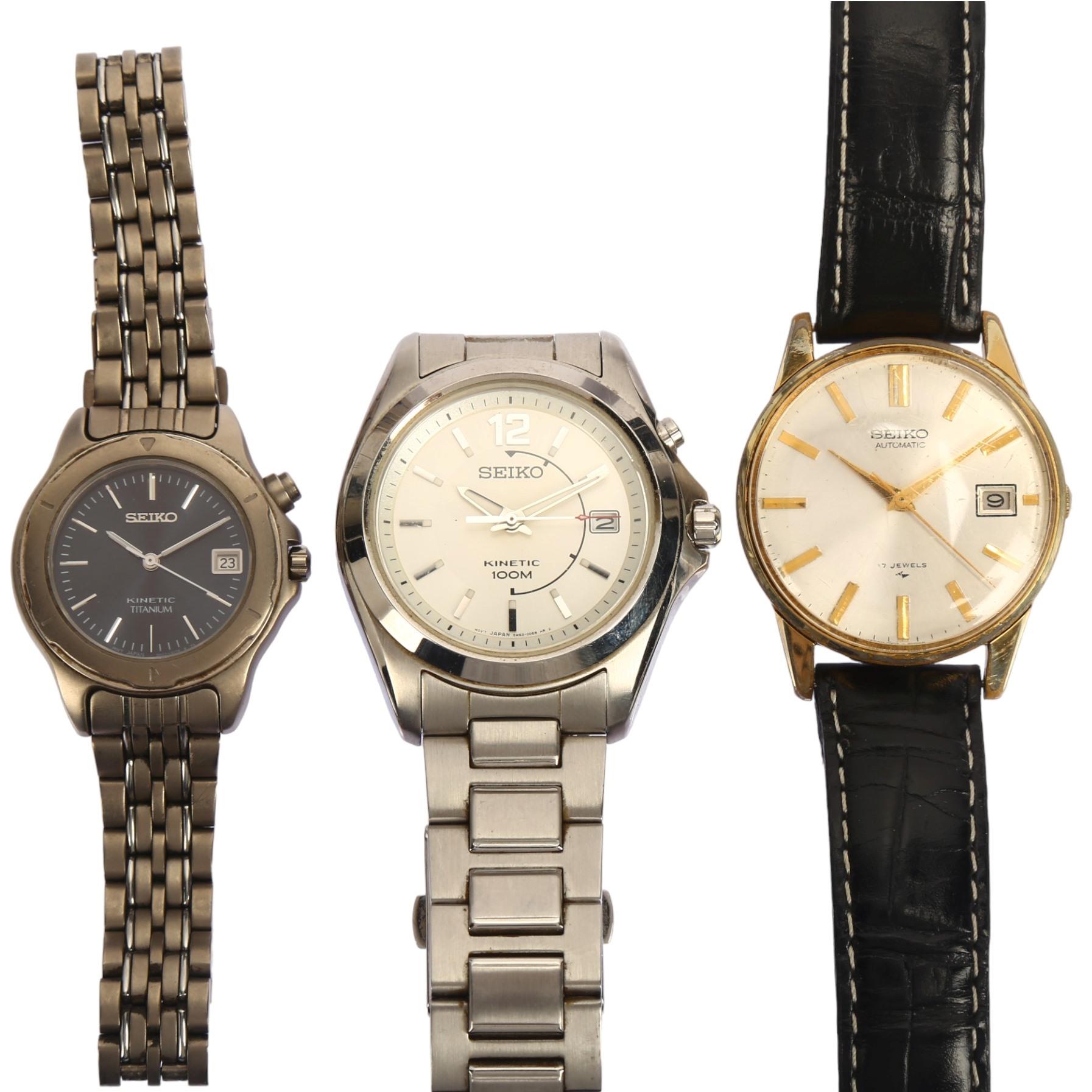 3 x Seiko watches, including Kinetic 100M and Kinetic Titanium, only Kinetic models in working order