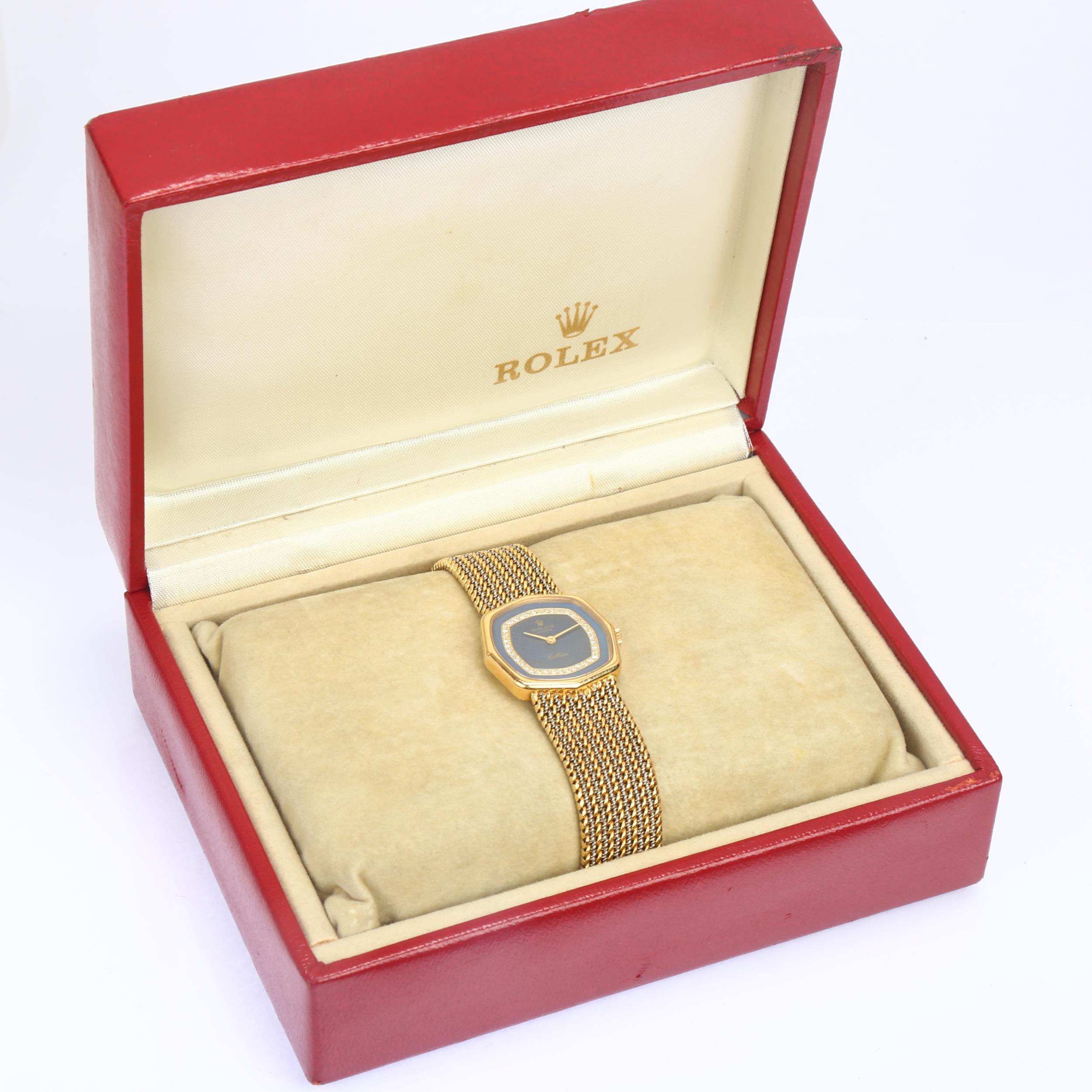 ROLEX - a lady's 18ct gold diamond Cellini mechanical bracelet watch, ref. 4985, circa 1981, blue - Bild 5 aus 5