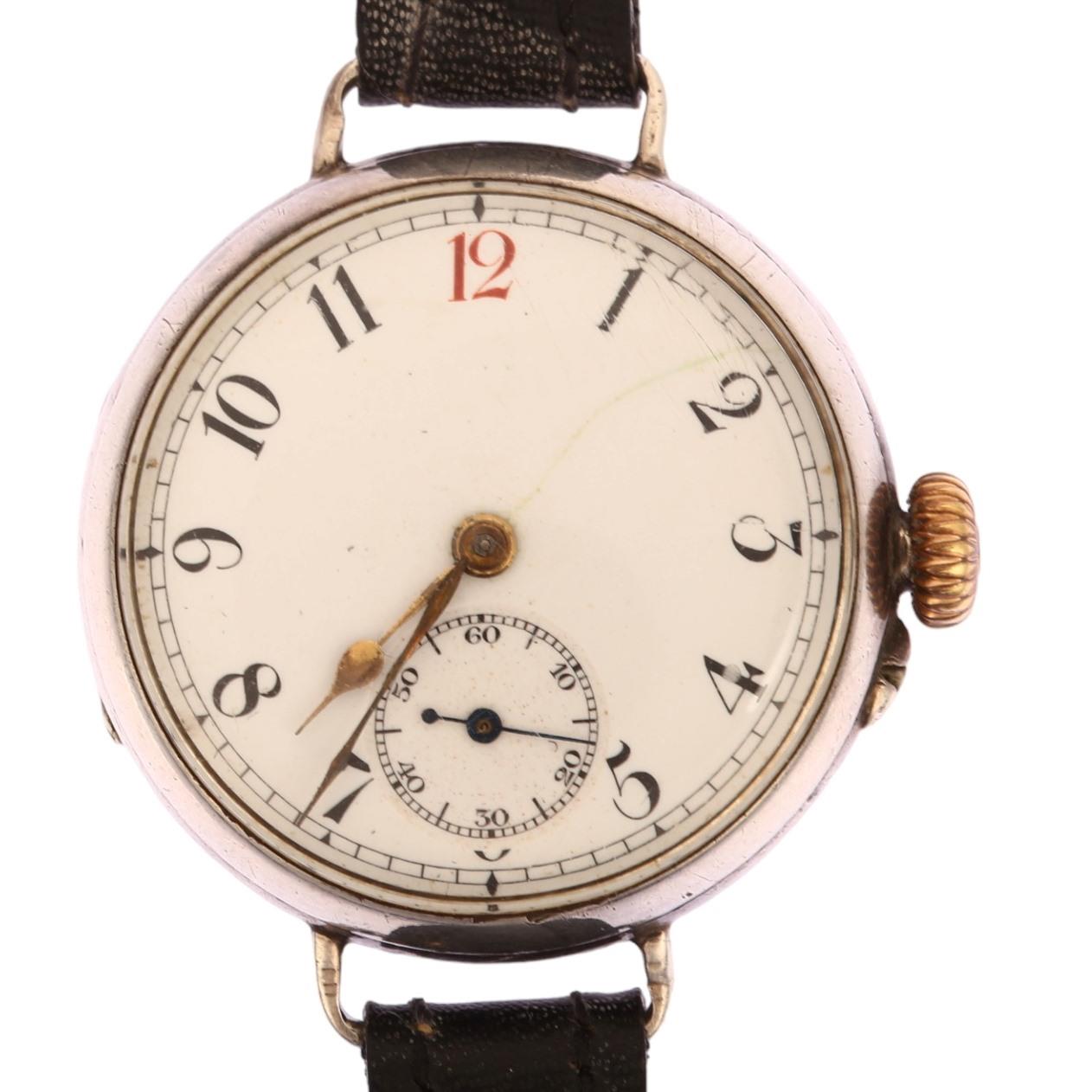 A First World War Period silver Officer's style trench mechanical wristwatch, circa 1914, white dial