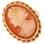 A Swedish 18ct gold shell cameo ring, relief carved depicting female profile within rope twist