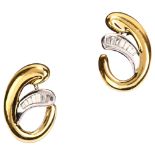 A pair of 18ct two-colour gold diamond earrings, maker's marks HJ, import Edinburgh 1996, swirl
