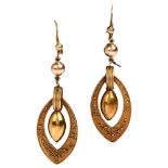 A pair of Victorian Etruscan Revival drop earrings, unmarked gold closed-back settings with rope