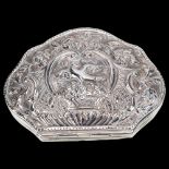 A Continental silver tobacco box, relief embossed galleon ship and dove decoration, width 7.5cm, 1.