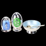 A group of Danish stylised sterling silver and polychrome enamel cruets, comprising 2 pepperettes,