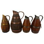 4 Continental coopered oak jugs with metal bands, tallest 36cm