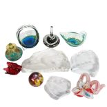 A group of various Murano glass and crystal ornaments, including a scent bottle, a basket, a red