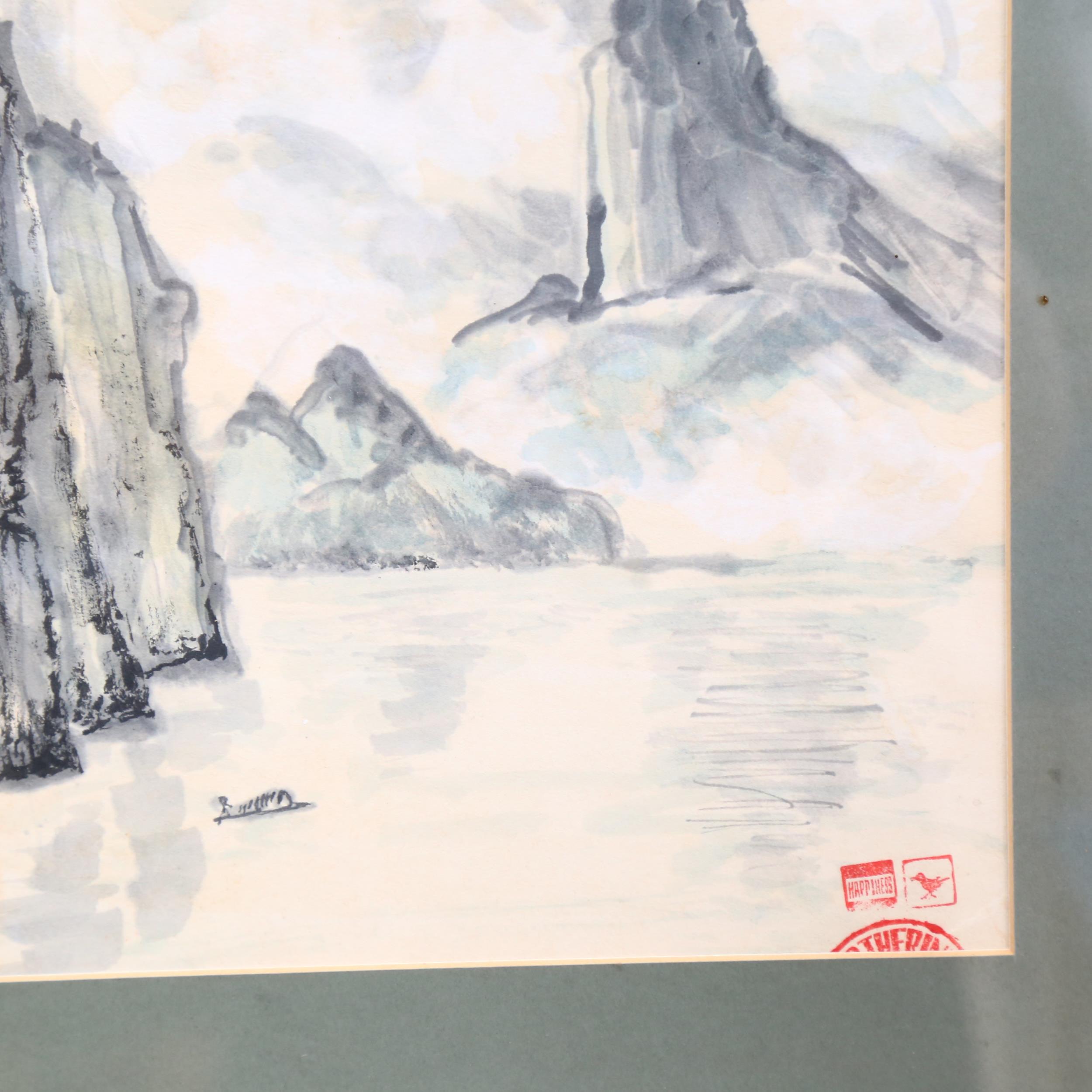 A Chinese watercolour, mountain scene, indistinctly signed and stamped to the bottom right-hand - Image 2 of 2