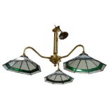 A brass 3-branch chandelier, with white and green coloured leadlight glass shades, width approx