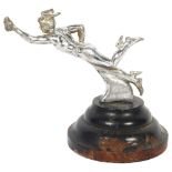 A Vintage chrome plated car mascot in the form of Hermes, mounted on a turned wood stand, H20cm