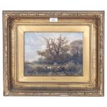 Edward Brown, oil on canvas, grazing cattle, image 21cm x 29cm, 43cm x 51cm overall, gilt-gesso