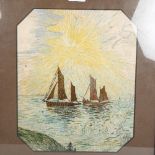 A framed needlework depicting the sun rising over masted sailing ships, 46.5 x 40.5cm