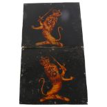 A pair of Antique painted copper plaques, Heraldic lion decoration, 17 x 20cm