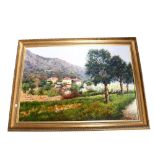 An oil on canvas, countryside scene possibly Italian, with buildings in the distant background, in