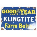 "Goodyear", a blue ground enamel advertising sign for Goodyear Klingtite Farm Belts, 30cm x 20cm