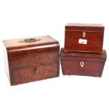 19th century burr-walnut sewing box with drawer, and 2 x 19th century tea caddies (3)