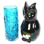 A White Friars Kingfisher blue bark vase, by Geoffrey Baxter, H19.5cm, and a iridescent ceramic owl,