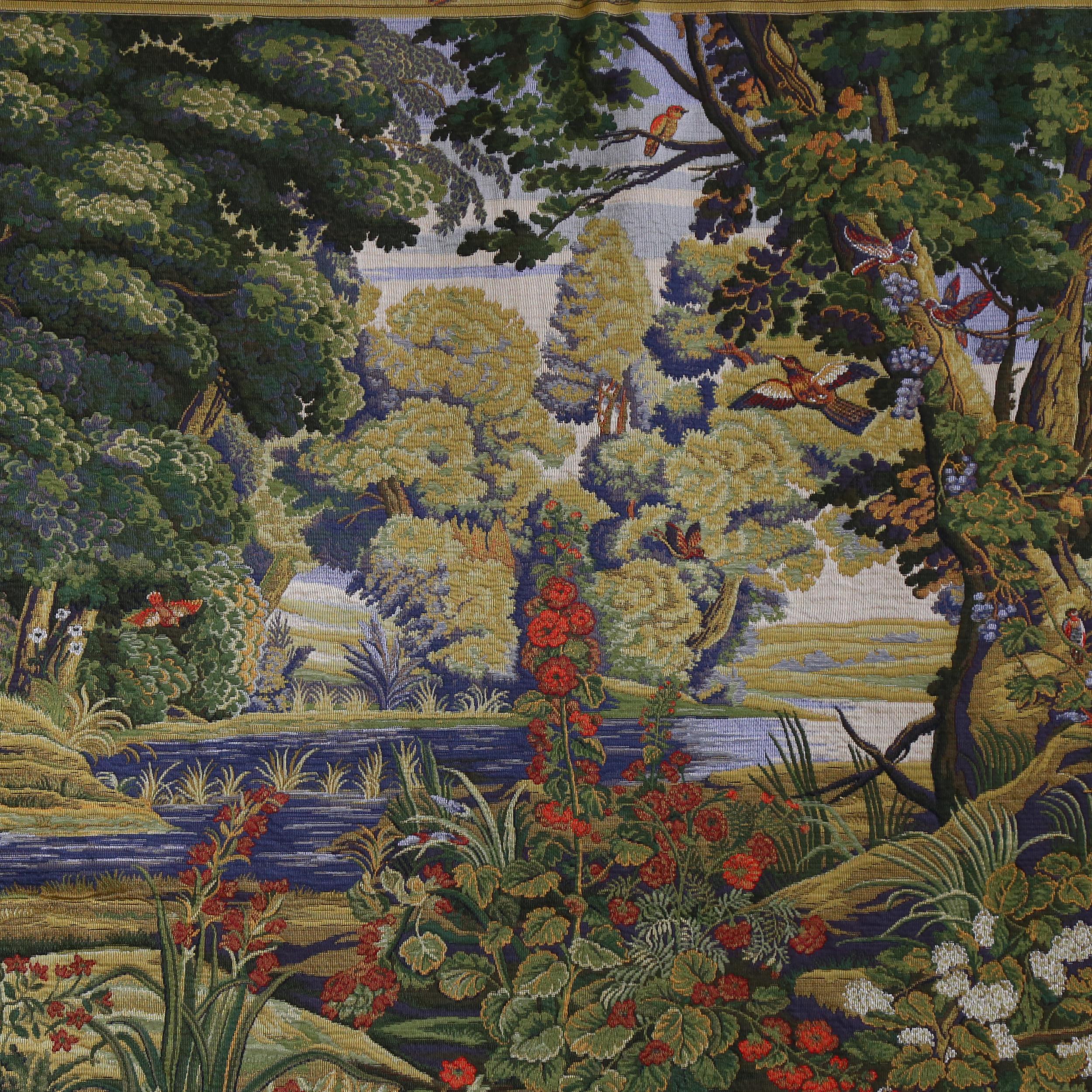 A large Brussels tapestry depicting river view with birds, 130cm x 230cm approx - Image 2 of 2