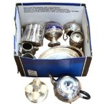 Various silver plated items, to include teaware, eggcup stand, swing-handled basket, blue glass