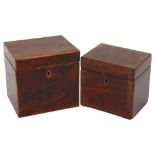 A Regency burr-walnut tea caddy, with single fitted lid, W13.5cm (lacking feet), and another