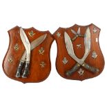 2 pairs of kukri knives and badges mounted on oak shield-shape plaques, H38cm