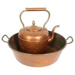 A large copper jam pan, diameter 37cm, and a copper kettle