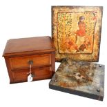 A mahogany table-top 2-drawer chest, a wooden icon, and "Bedgebury 1" a framed abstract