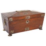 A Regency rosewood tea caddy, with 2 fitted inner boxes and mixing bowl (bowl A/F), applied mother-