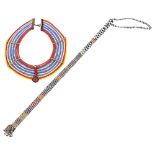 A Massai Samburu multi-strand bead collar necklace, and beadwork stick (2)