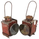 2 similar early painted steel railway lanterns, 37cm