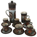 A Briglin Pottery brutalist coffee set for 5 people, pot height 29cm