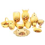 A collection of Ainsley porcelain Orchard Gold items, including 3 vases, tallest 27cm, basket,