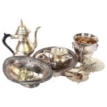 A silver plated ice bucket, sugar shaker, coffee pot etc (boxful)