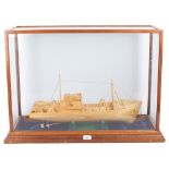 An oil rig support vessel, matchstick model construction, in glass table-top display case, case