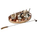 A silver plate on copper oval 2-handled galleried tea tray, 3-piece plated tea set, long-handled