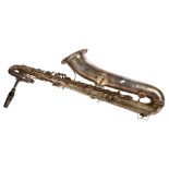 HAWKES & SON - a large silver plated single reed saxophone, with associated wooden casing and variou