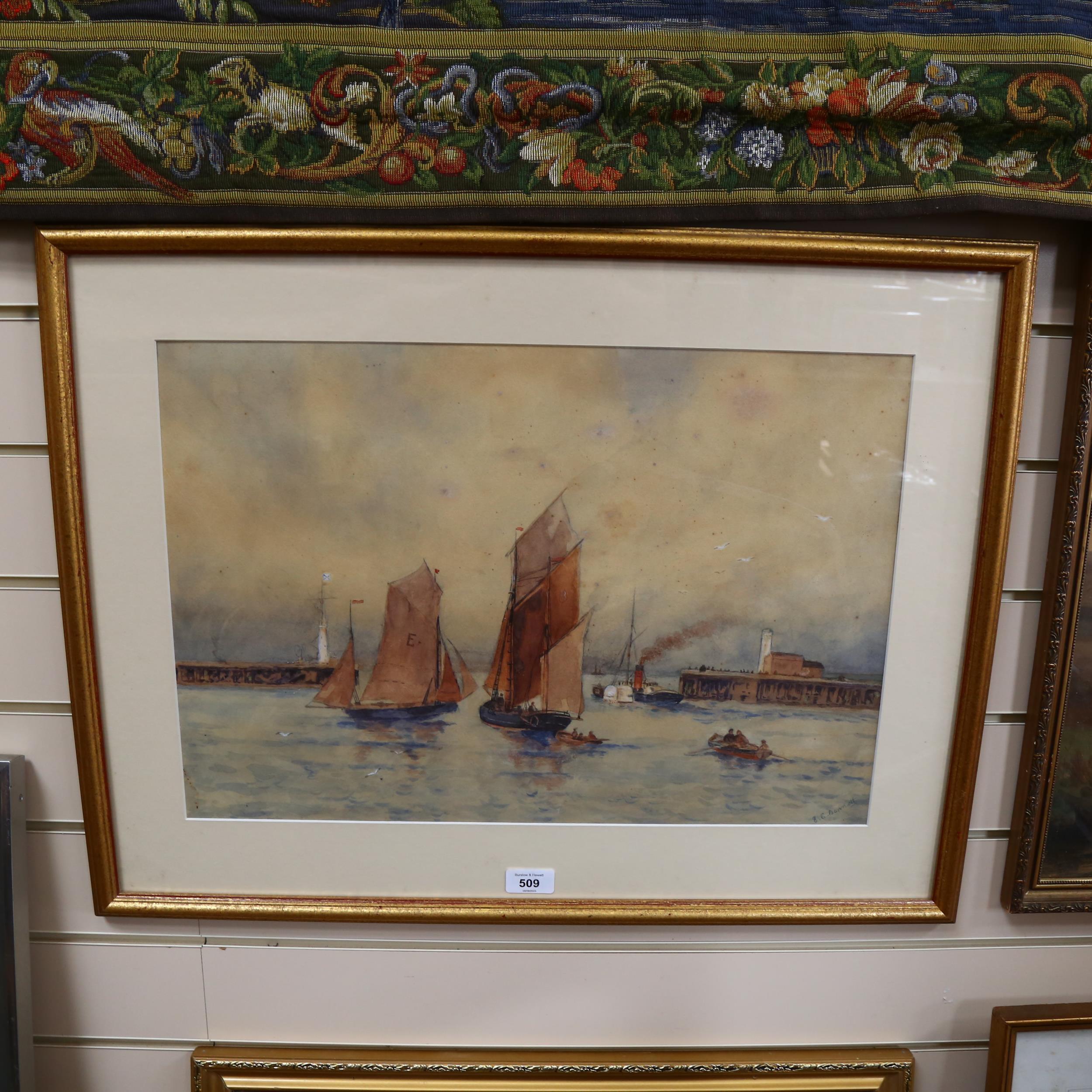 E E Bennett, watercolour, fishing boats entering the harbour, 54cm x 70cm overall, framed - Image 2 of 2