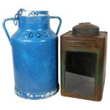 A Vintage shop display tin with frosted glass panel, a Vintage Co-Op milk churn (2)