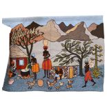 An African woven wool wall hanging, depicting figures in a village with fire and poultry, 107 x