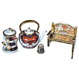 4 boxed Royal Crown Derby miniatures, comprising an Imari style bench, H7cm, a tea kettle, a churn